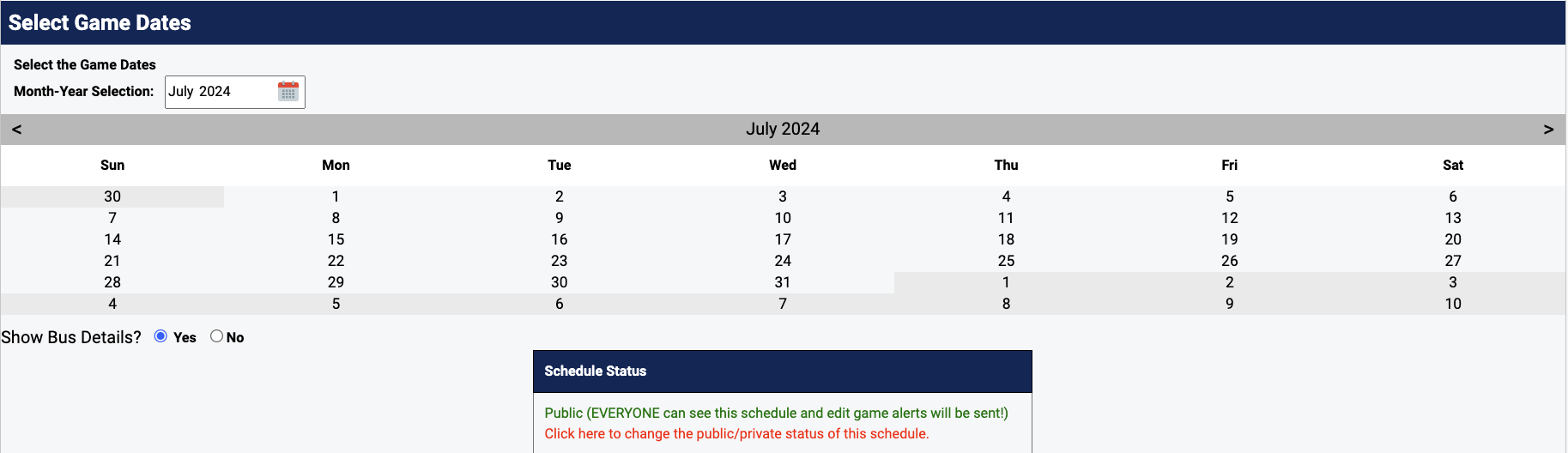Calendar date picker for selecting game dates