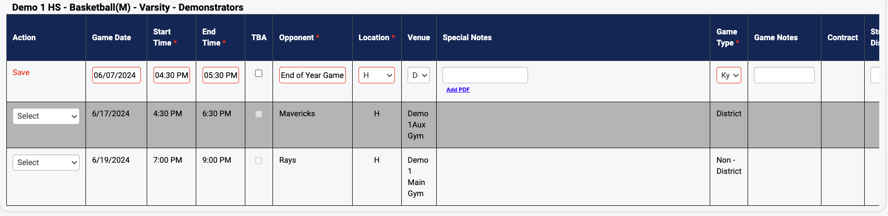 Game details row showing Start Time, End Time, and TBA checkbox