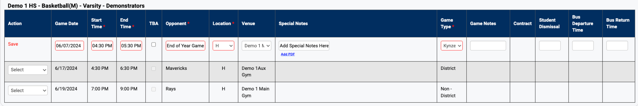 Opponent, Location, Venue, Special Notes, and Game Notes fields