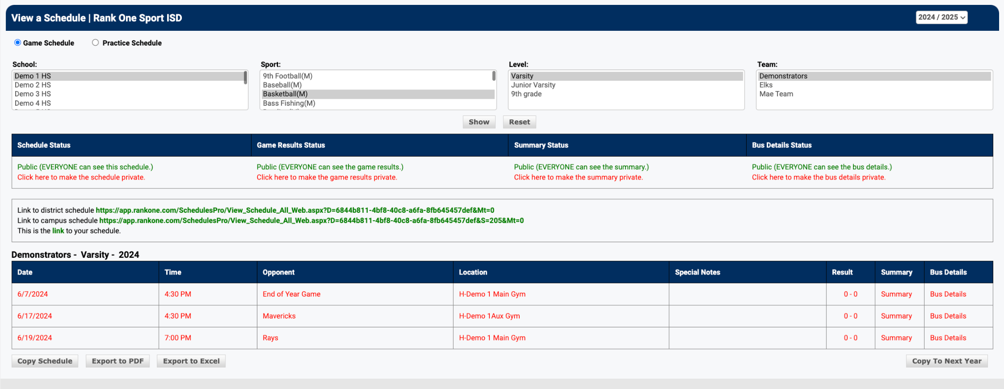 Schedules page with School, Sport, Level, and Team selectors
