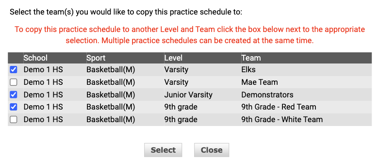 Step 5 - Select teams to copy schedule