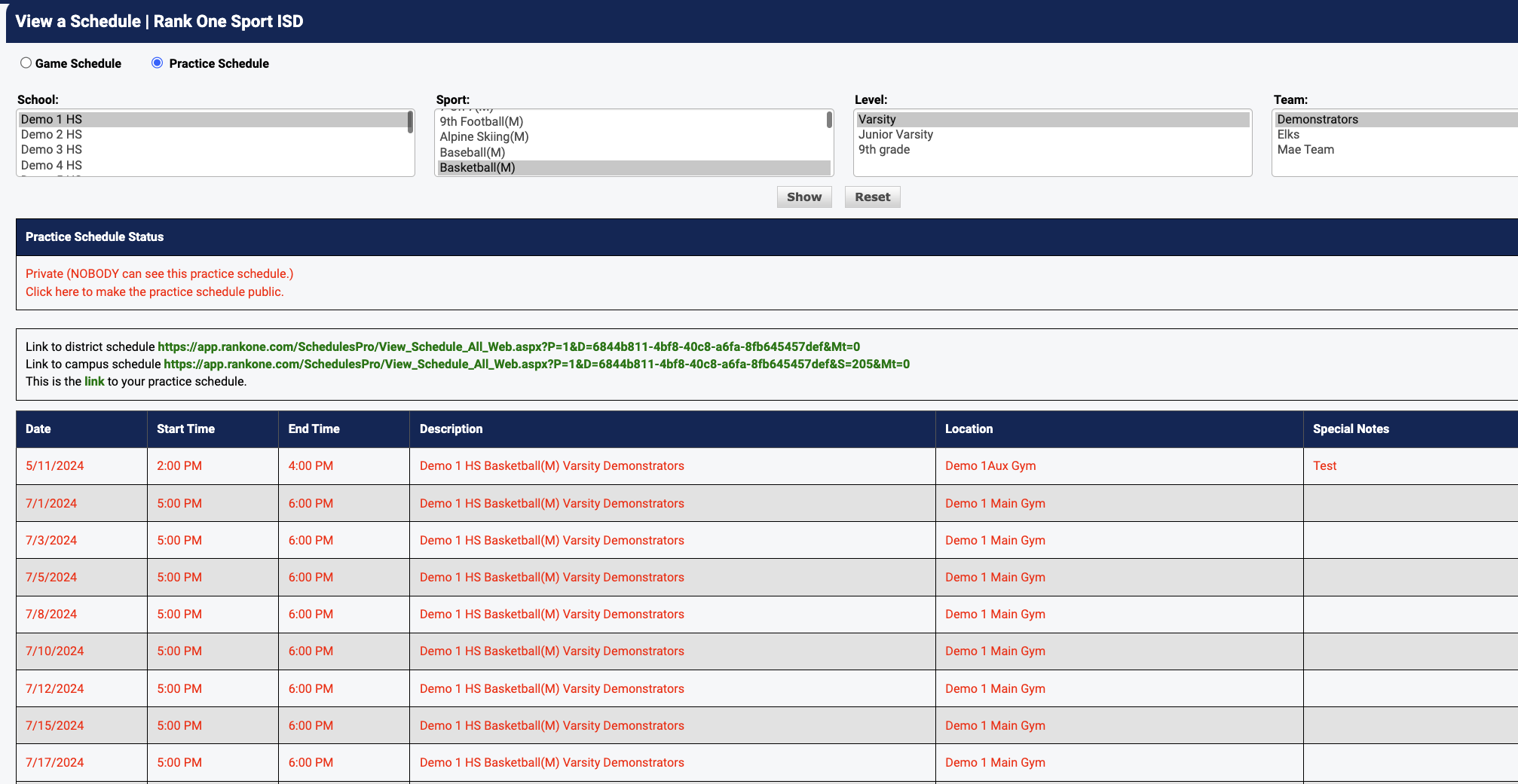 Step 6 - Practice schedule view