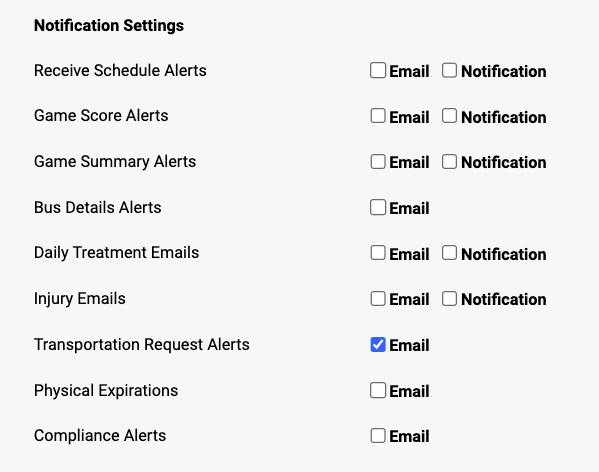 User notification settings showing Transportation Request Alerts checkbox