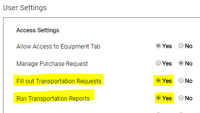 Transportation tab in navigation menu