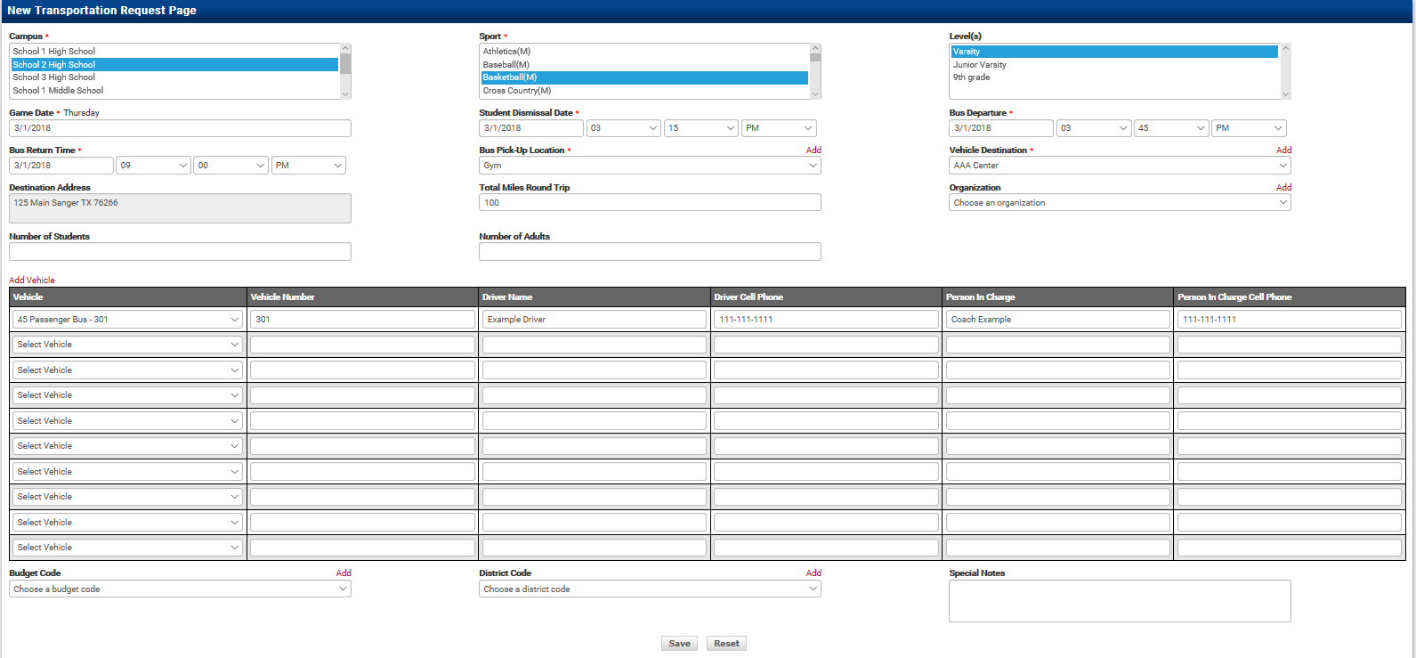 User account edit page showing Transportation access settings