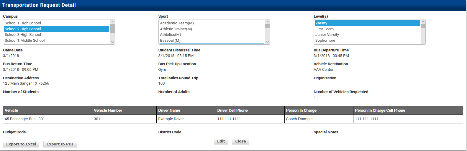 Transportation request form with required fields