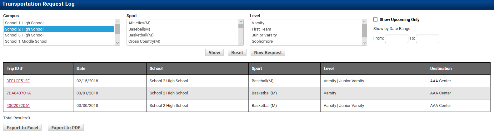 Transportation request details page with Edit and Export options