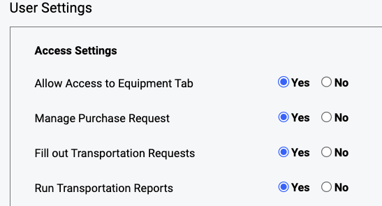 User account edit page showing Transportation access settings