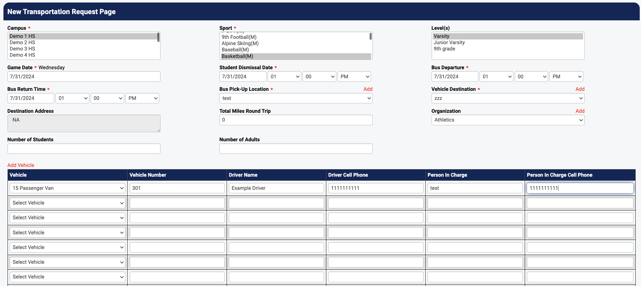 Transportation request form with required fields marked with asterisks