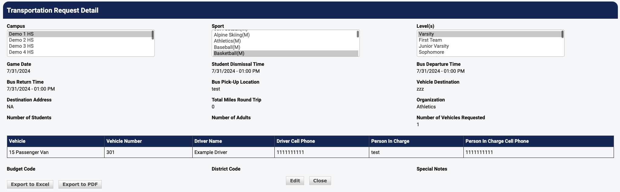 Transportation request details page with Edit and Export options