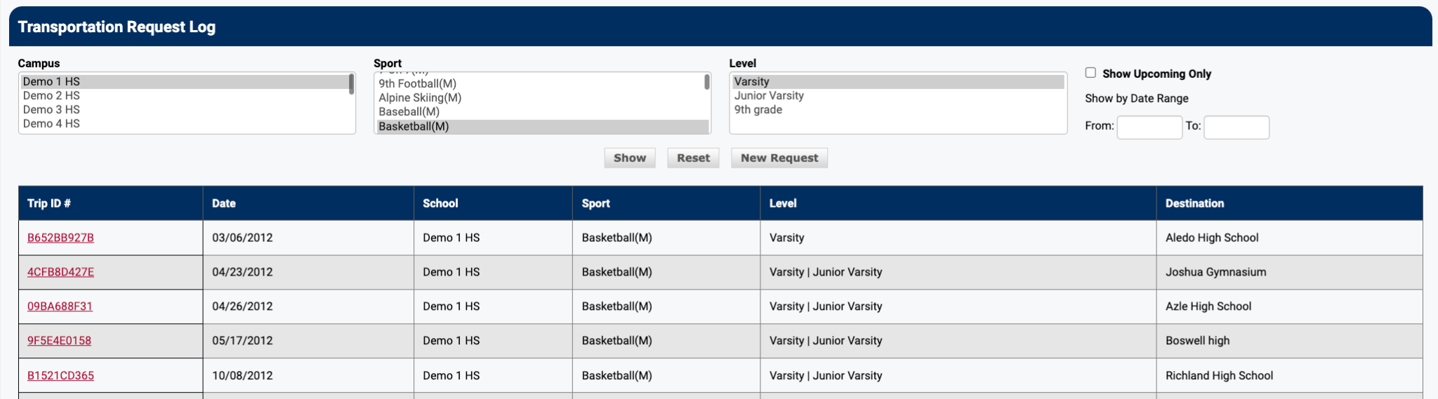 Transportation Log page showing list of requests with Trip IDs