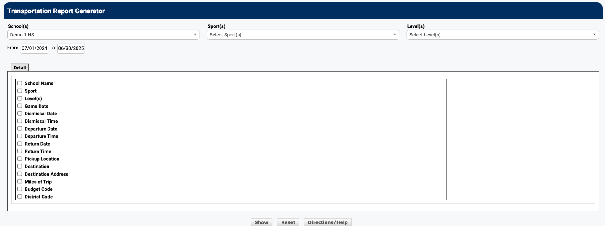Transportation Report page with filter options and results