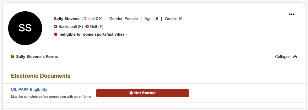 Parent portal showing PAPF form in the list of forms for a student