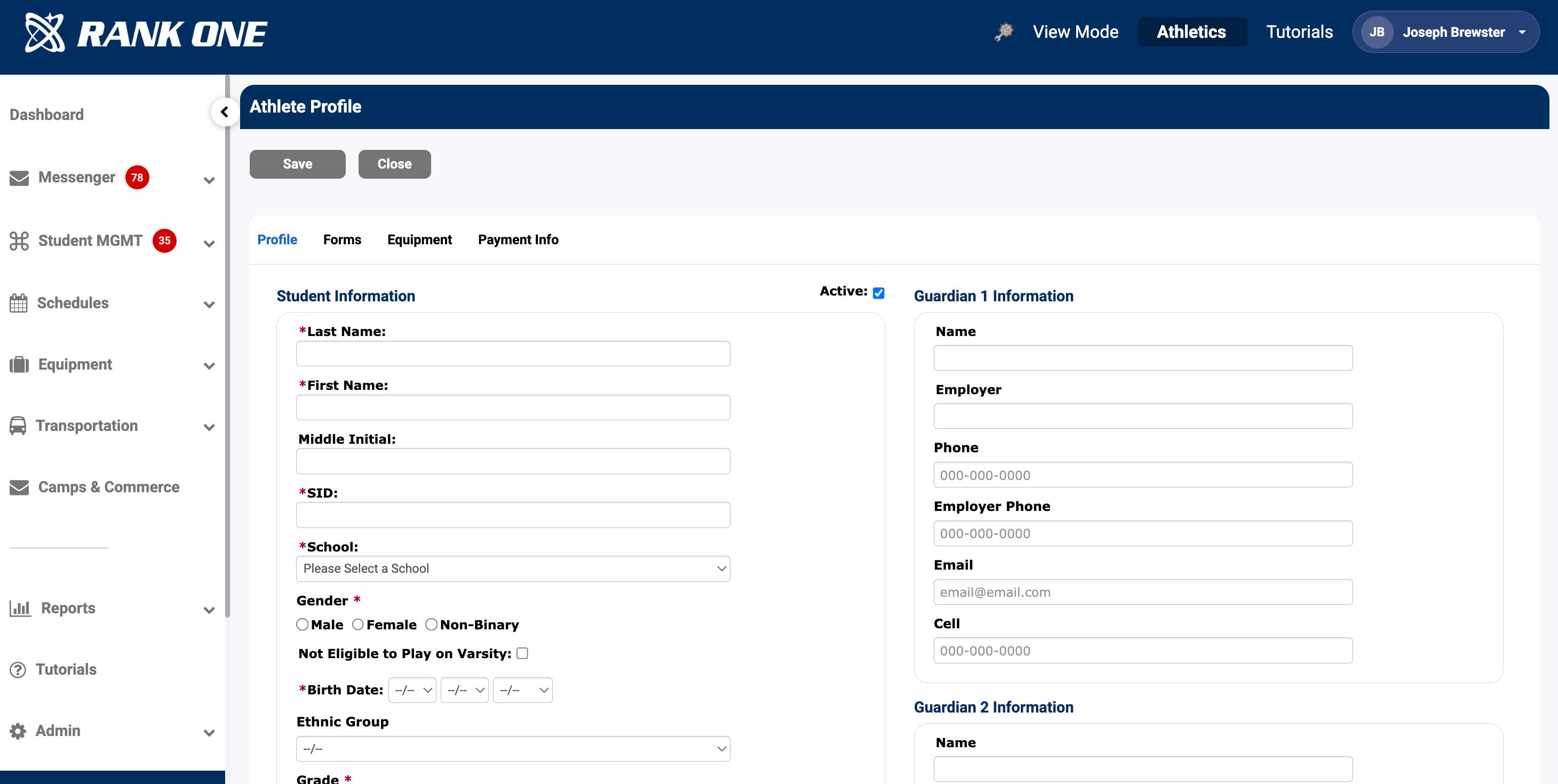 Student information entry form with required fields